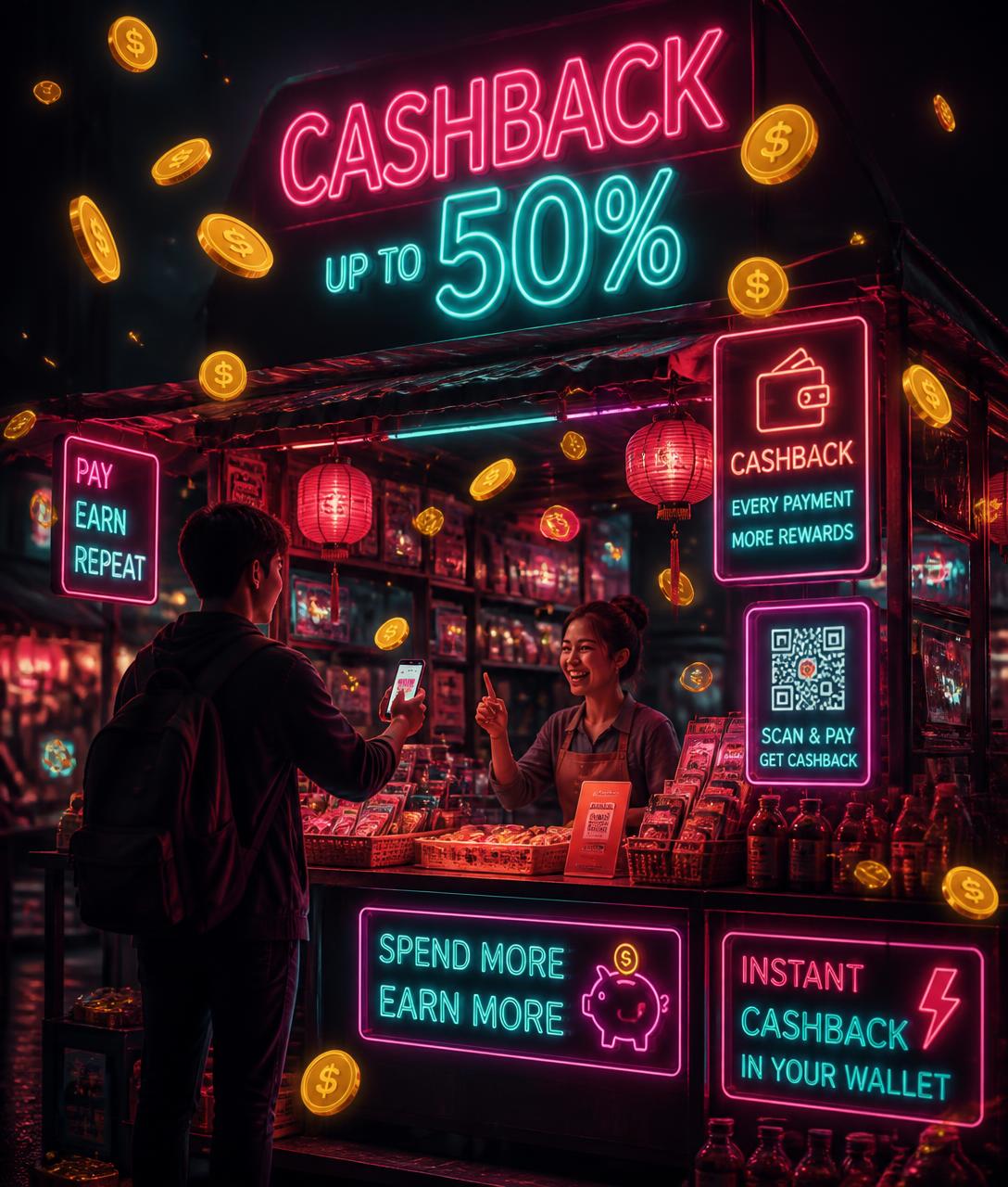 Neon night market stall with glowing cashback signs and floating coins